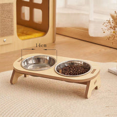Wooden Cat Feeding Station with Stainless Steel Bowls