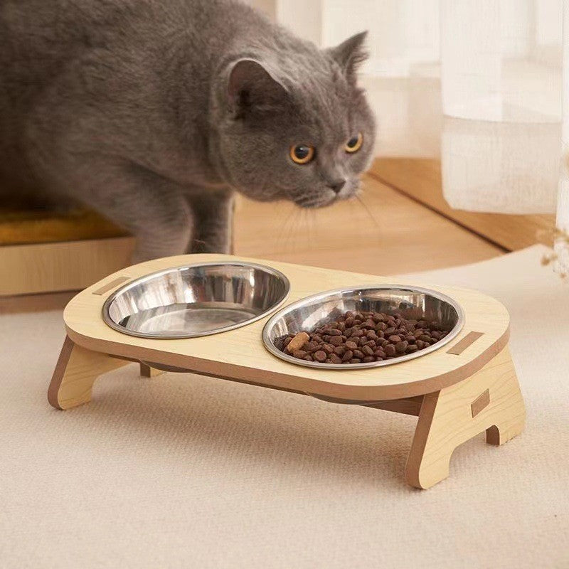 Wooden Cat Feeding Station with Stainless Steel Bowls