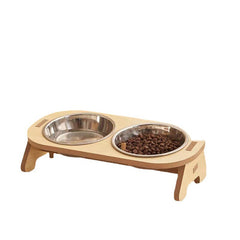 Wooden Cat Feeding Station with Stainless Steel Bowls